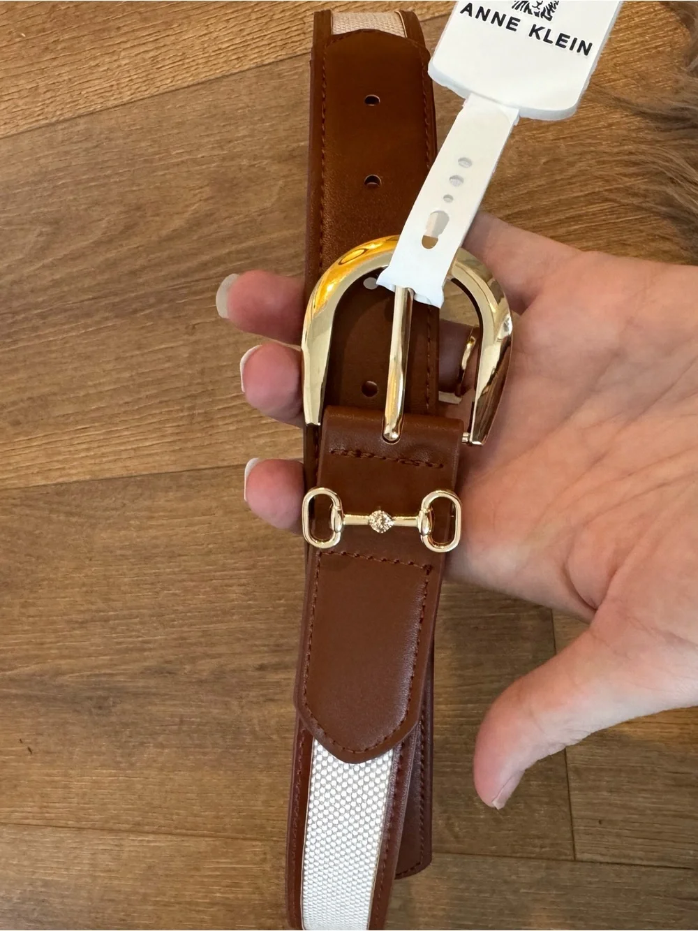 Tan canvas Horsebit belt gold snaffle bit buckle equestrian